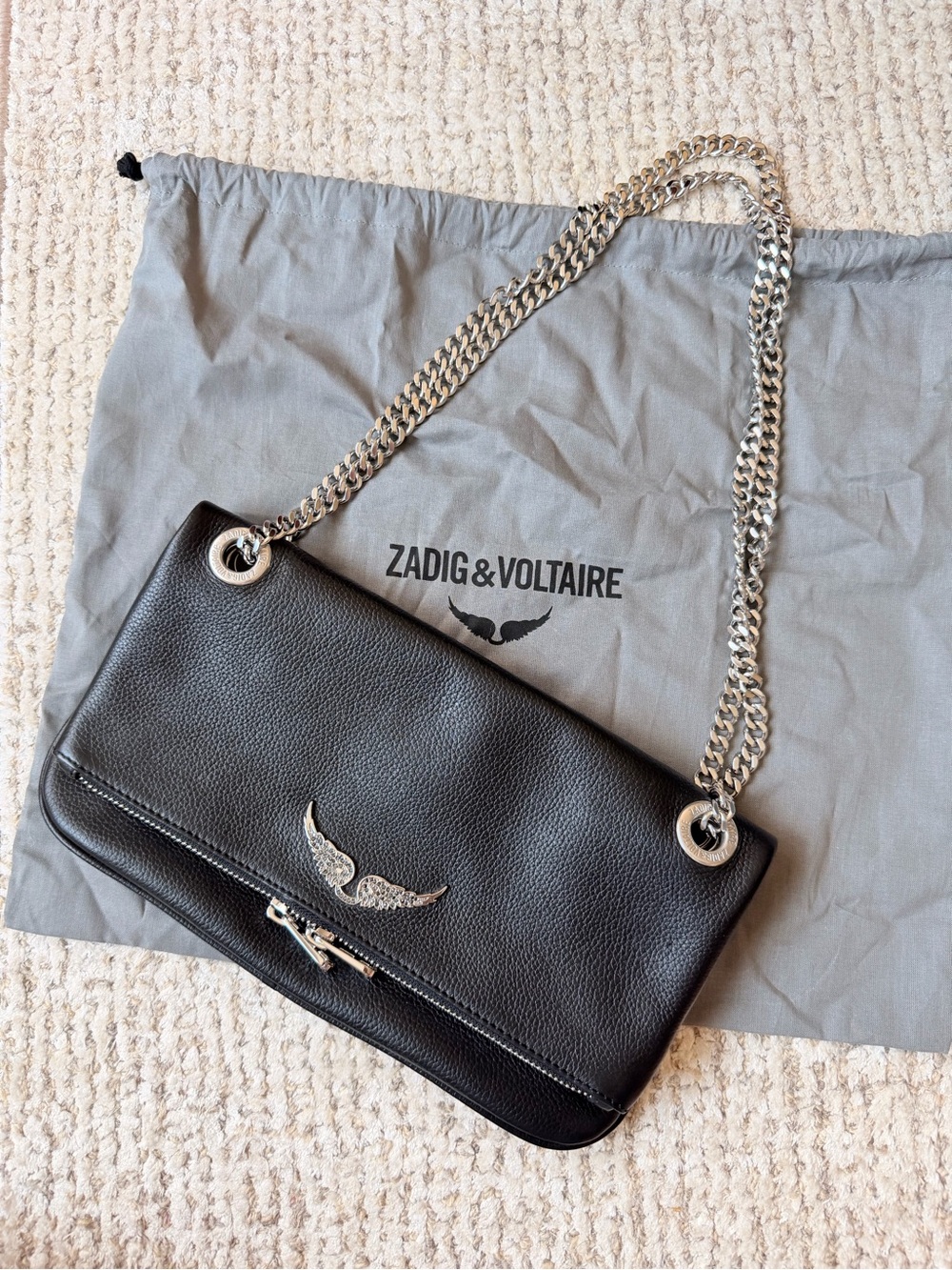 Zadig & Voltaire Black Leather Shoulder Bag with Silver Chain and Wing Detail